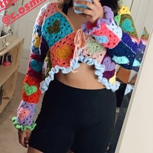 One of a Kind Handmade Crochet Rainbow Heart Granny Square Cardigan